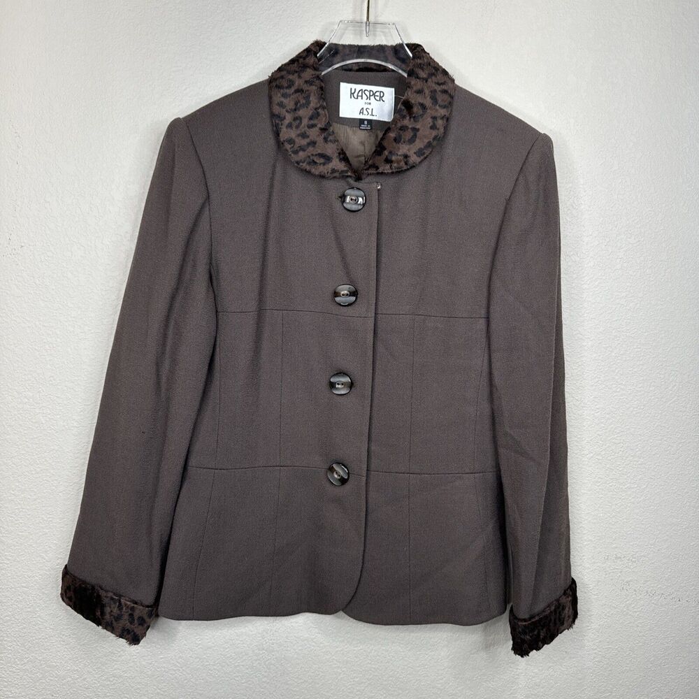 Kasper Jacket 8 Olive Fur Animal Collar Vintage Mob Wife 90s 80s Glam